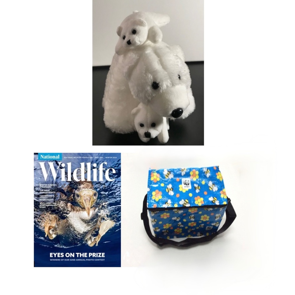 NWF Plush Polar Bear Mom & Detachable Twin Babies Set+NWF MAGAZINE WWF INSULATED
